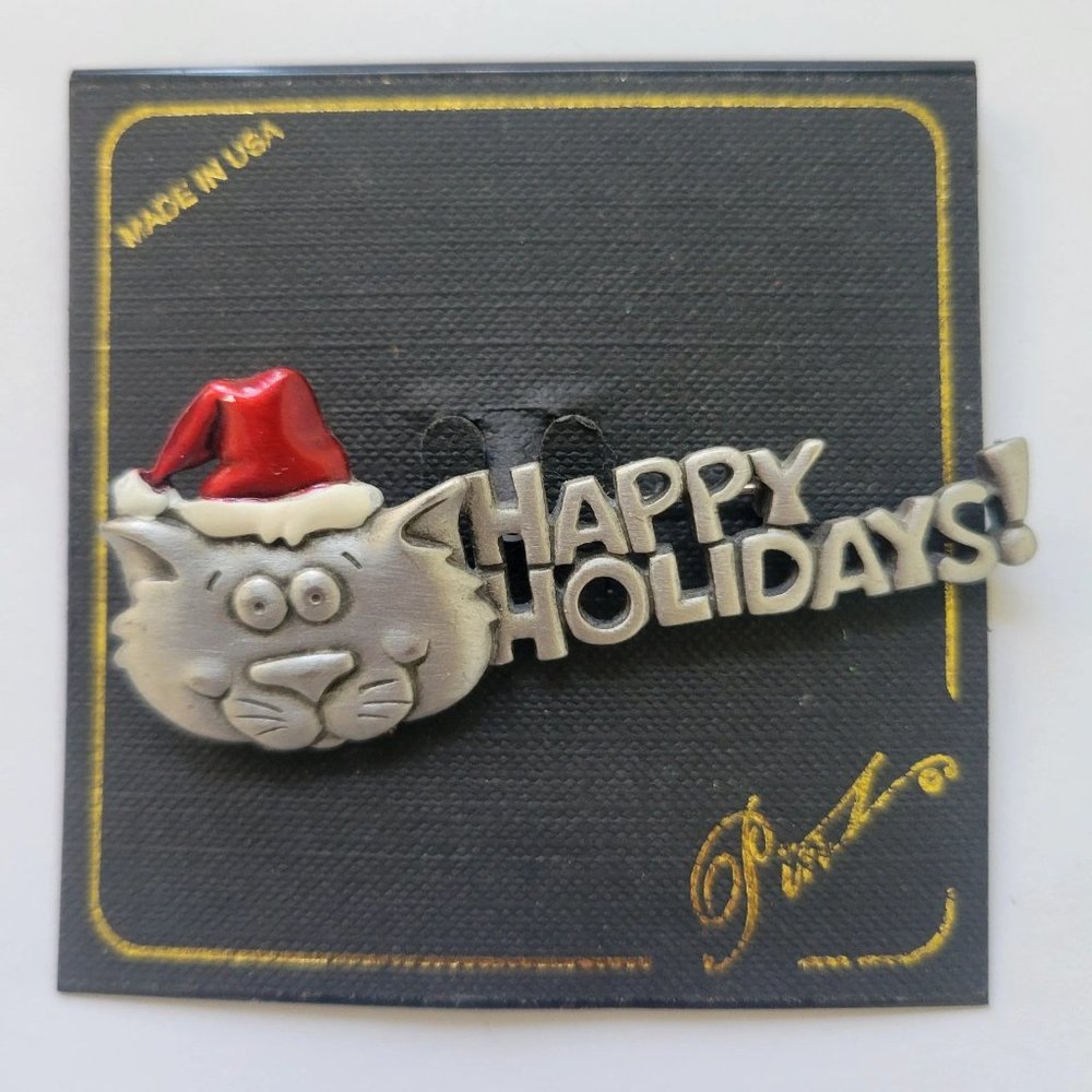 Signed J.J. Brooch Pin Enamel Cat Kitty Kitten Happy Holidays Red Hat Jewelry